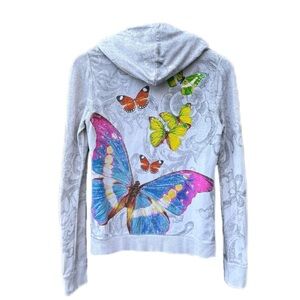Rare Vintage Y2K Christian Audigier Butterfly White Gold Hoodie Zip Up Sweater